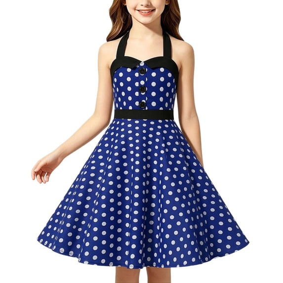 WQNVRNR Girls Casual Summer Dresses- Cute Polka Dot Sleeveless A-line Vintage Halter Mini Dresses Blue Size L