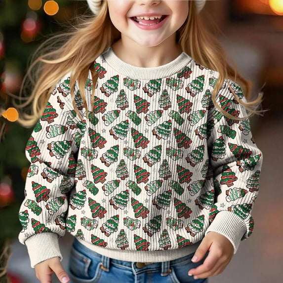 WQNVRNR Girls Christmas Knit Sweater Crewneck Long Sleeve Casual Comfortable Holiday Cute Pullover Tops Multicolor 5T