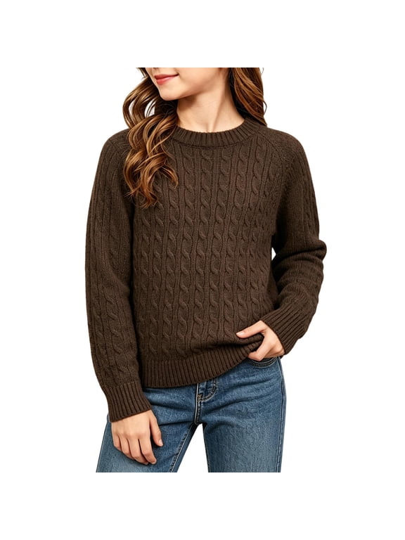 Girls Crewneck Sweater Cable Knit Soft Loose Fall Winter Long Sleeve Casual Pullover Coffee 4 Years