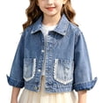 thumbnail image 1 of WQNVRNR Girls Denim Jacket- Casual Fall Button Front Drop Shoulder Jean Jacket Coat with Pockets Blue Size 9 Years, 1 of 7