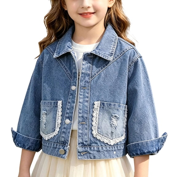 WQNVRNR Girls Denim Jacket- Casual Fall Button Front Drop Shoulder Jean Jacket Coat with Pockets Blue Size 9 Years
