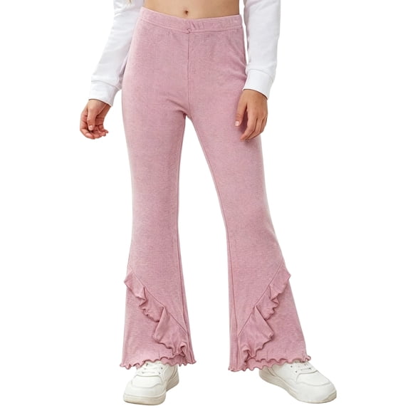 WQNVRNR Girls Flared Pants Elastic High Waist Ruffle Hem Slimming Casual Kids Long Pants Pink 8 Years