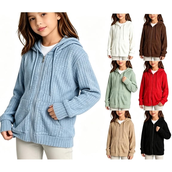 WQNVRNR Girls Hooded Sweater Jacket- Full Zip Loose Fit Casual Thin Knit Sweater Hoodie Light Blue Size 10