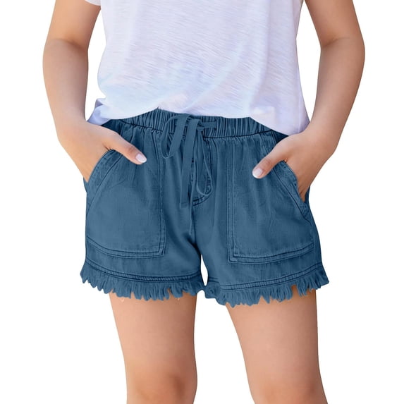 WQNVRNR Girls Jean Shorts- Elastic Waist Casual Drawstring Cute Loose Denim Shorts with Pockets Dark Blue Size 12