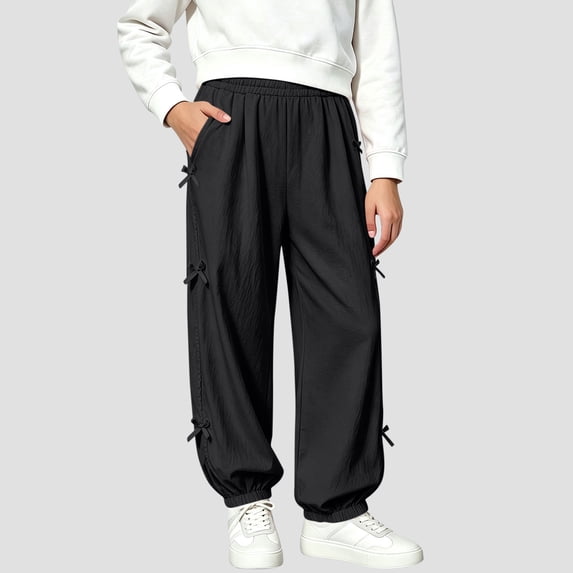 WQNVRNR Girls Jogger Sweatpants Bow Lightweight Pleated Elastic Waist Elastic Cuff Casual Pants with Pockets Black 14-15 Years