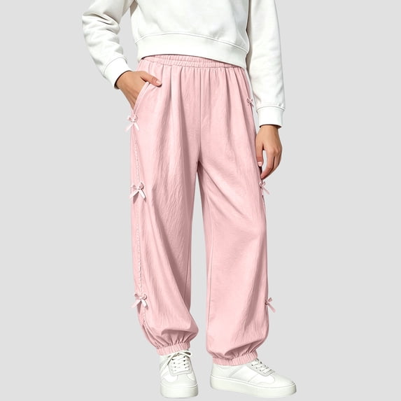 WQNVRNR Girls Jogger Sweatpants Lightweight Pleated Bow Elastic Cuff Elastic Waist Casual Pants with Pockets Pink 13-14 Years