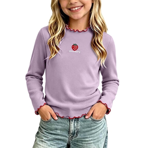 WQNVRNR Girls Long Sleeve T-Shirts- Casual Pullover Printed Lace-Trim Fall Crewneck Tops Purple Size 6T