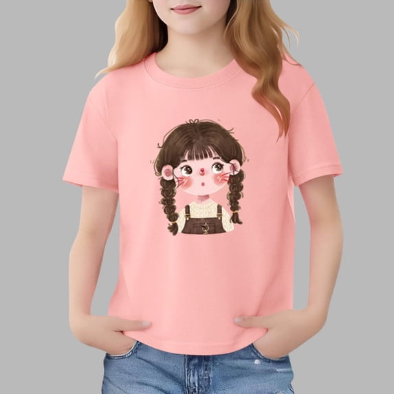 WQNVRNR Girls Rabbit Print T-Shirt- Cotton Cute Short Sleeve Summer Crew Neck Pullover Top Pink Size 8