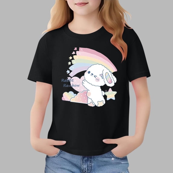 WQNVRNR Girls Rabbit Print T-Shirt- Cotton Summer Short Sleeve Cute Crew Neck Pullover Top Black Size 10
