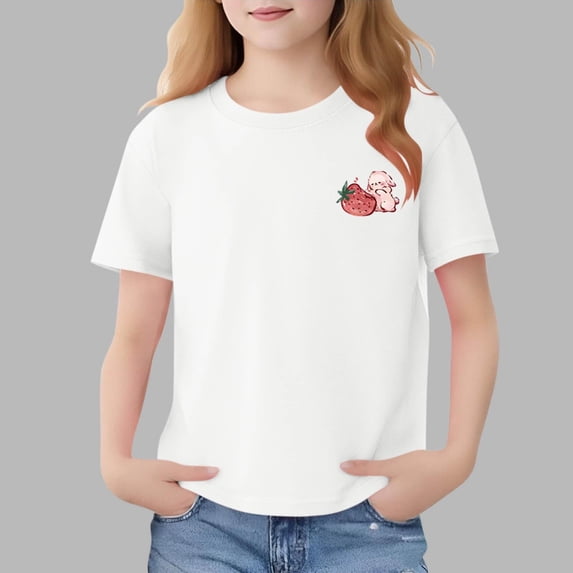 WQNVRNR Girls Rabbit Print T-Shirt- Short Sleeve Cotton Cute Summer Crew Neck Pullover Top White Size 6