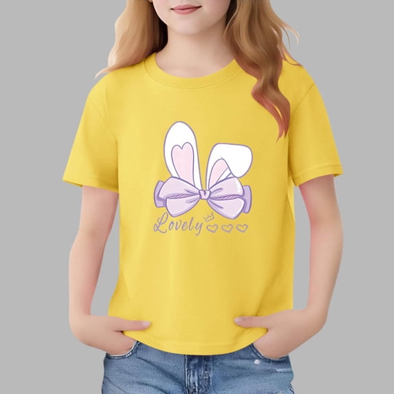 WQNVRNR Girls Rabbit Print T-Shirt- Short Sleeve Cotton Summer Cute Crew Neck Pullover Top Yellow Size 8