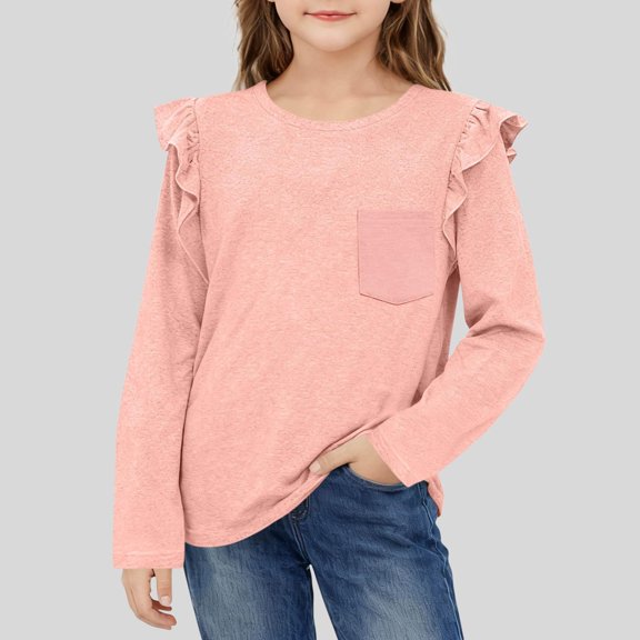 WQNVRNR Girls Ruffle Cotton T Shirts- Fashion Long Sleeve Cute Casual Kids Tops Pink Size 10