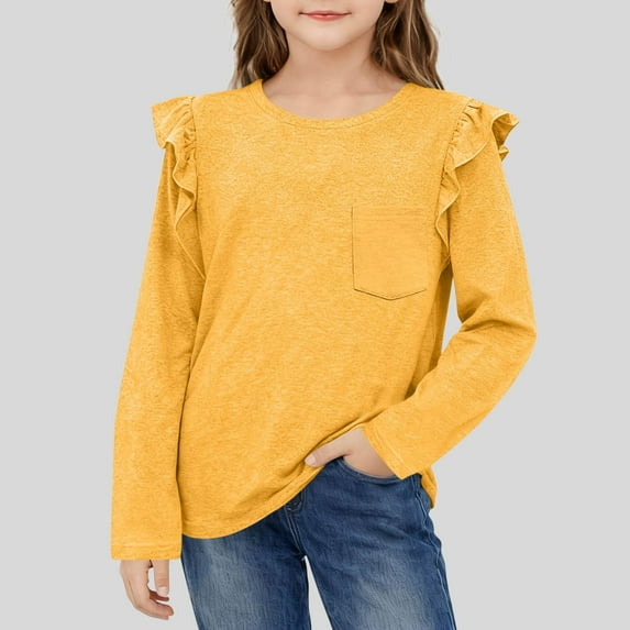 WQNVRNR Girls Ruffle Cotton T Shirts- Long Sleeve Casual Cute Fashion Kids Tops Yellow Size 10