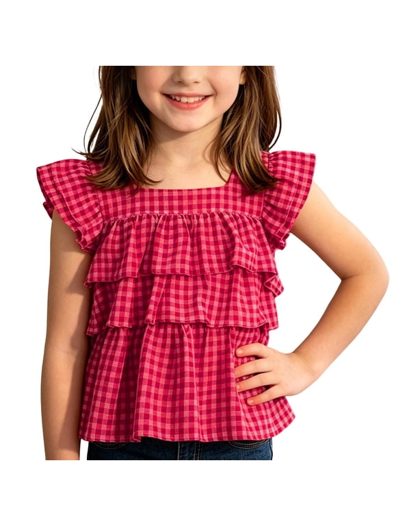 Girls Short Sleeve Shirt- Casual Sleeveless Ruffle Cute Ruffle Flutter Summer Tank Tops Hot Pink Size 6
