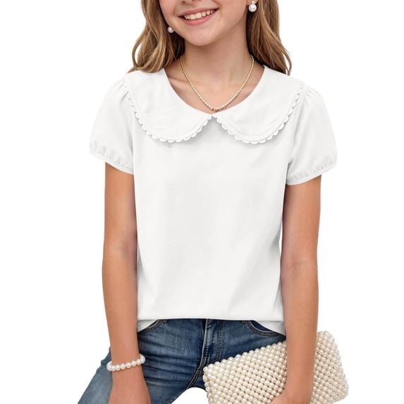 WQNVRNR Girls Short Sleeve Tee- Collar Cotton Crewneck Casual Comfortable Cute Summer Tops White Size 2