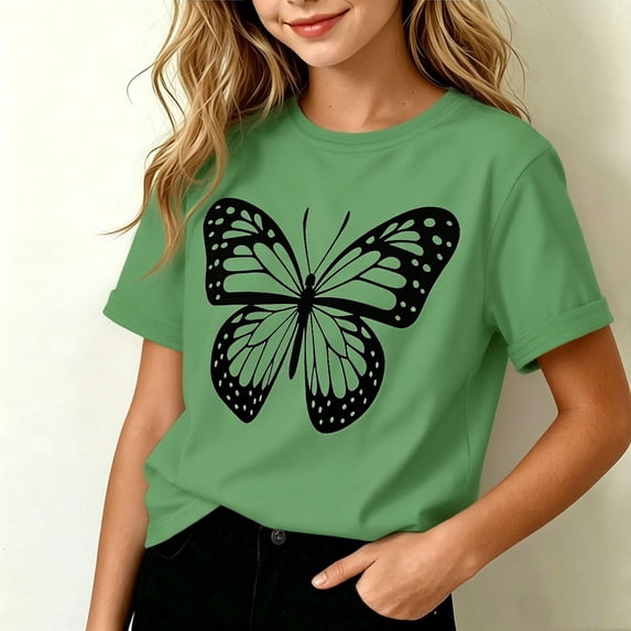WQNVRNR Girls Summer Short Sleeve Tee- Cotton Crewneck Printed Casual Cute T Shirt Army Green Size 6