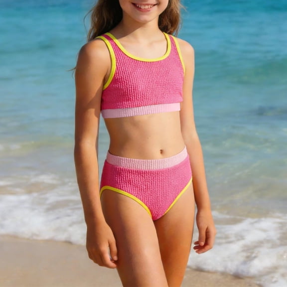 WQNVRNR Girls' Summer Swimsuit Set- Beachwear Two-Piece Suit Color Contrast Trim Cute Bikini with Soft Lining Hot Pink Size 5