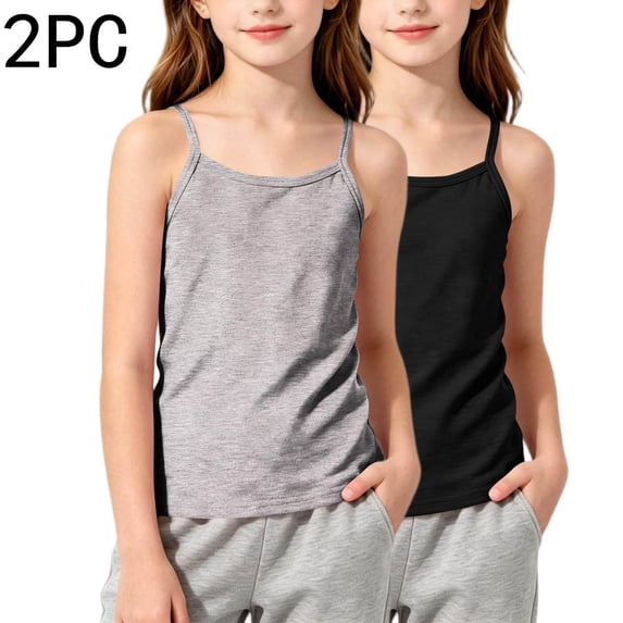 WQNVRNR Girls Tank Tops 2 Pieces- Crewneck Spaghetti Strap Undershirts Casual Sleeveless Tops Gray Size 2