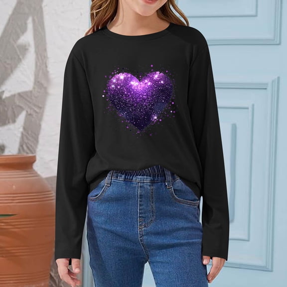 WQNVRNR Girls Valentine's Day Print Shirt- Long Sleeve Round Neck Casual Wear Spring Summer Cute Tops Black Size 13-14 Years