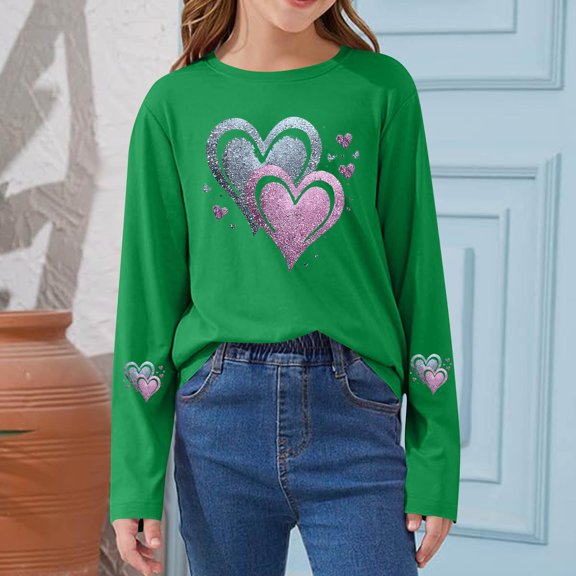 WQNVRNR Girls Valentine's Day Print Shirt- Round Neck Casual Wear Spring Summer Long Sleeve Cute Tops Green Size 5-6 Years
