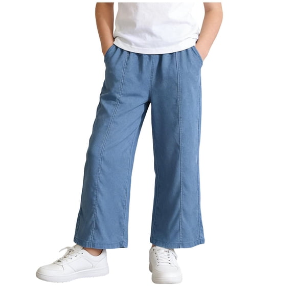WQNVRNR Girls Wide-Leg Pants- Casual Elastic Waist Lightweight Breathable Long Trousers Dark Blue Size 15-16 Years