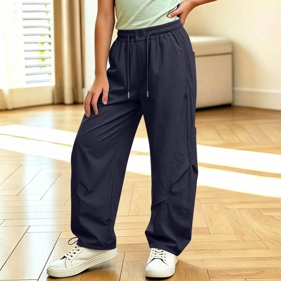 WQNVRNR Girls Wide Leg Pants Lightweight Pleated Loose Drawstring High Waist Casual Pants Navy 8 Years