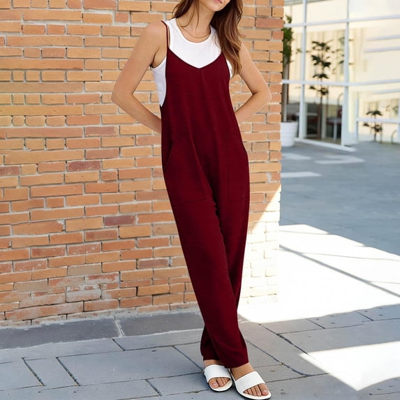 WQNVRNR Jumpsuits for Women- Spaghetti Strap Shorts Overalls Sleeveless Casual Summer Rompers with Pockets Wine Size XL