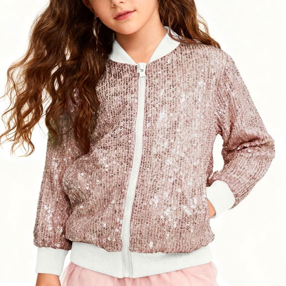 WQNVRNR Kids Carnival Sequin Jacket- Casual Unisex Zip Front Sparkle Outwear for Boys Girls Beige Size 5