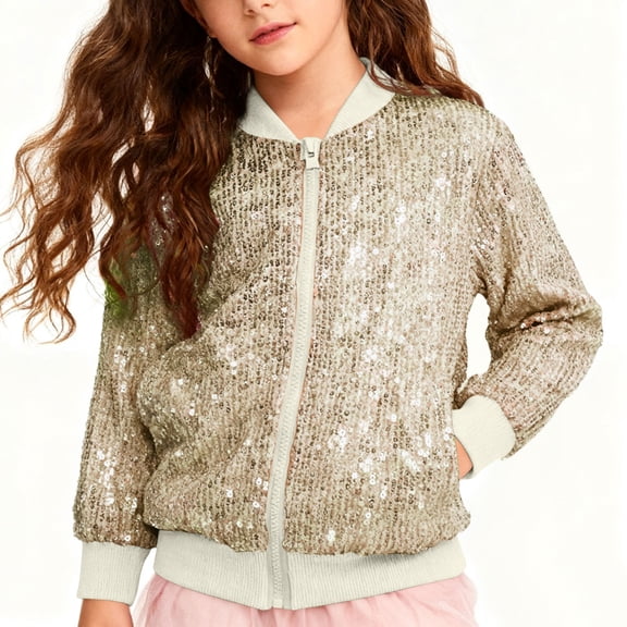 WQNVRNR Kids Carnival Sequin Jacket- Casual Zip Front Sparkle Unisex Outwear for Boys Girls Gold Size 5