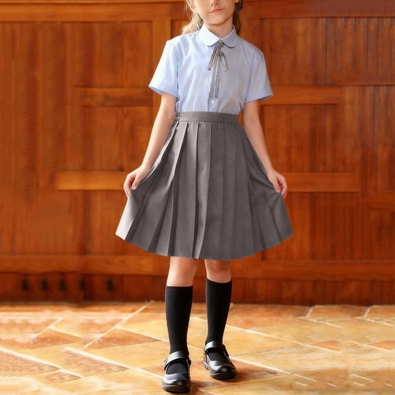 WQNVRNR Kids Girls School Uniform- 3-Piece Set Suit Pleated Skirts Elastic Waist Button Down Short Sleeved Top with Tie Summer Back to School Outfits Gray Size 5