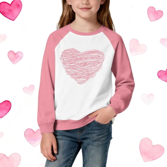 WQNVRNR Kids Heart Print Pullover- Crewneck Casual Long Sleeve Valentine's Day Sweatshirt with Soft Stretch Fabric Pink Size 5-6