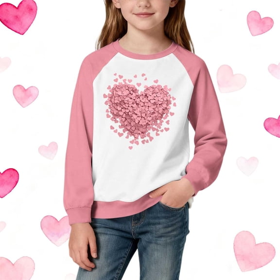 WQNVRNR Kids Heart Print Pullover- Valentine's Day Long Sleeve Casual Crewneck Sweatshirt with Soft Stretch Fabric Pink Size 5-6