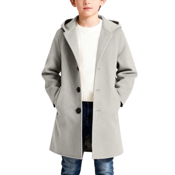 WQNVRNR Kids Hooded Wool Blend Coat- Button Front Winter Warm Trench Coat Boys and Girls Outerwear with Pocket Gray Size 7 Years