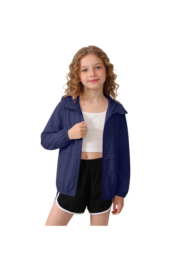Kids Sun Protection Jacket- Zip Up Spring Summer Casual Lightweight Athletic Tops for Girls Navy Size 8