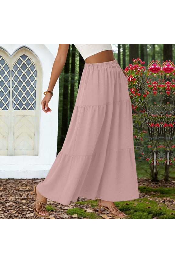 Maxi Skirt for Women- Long Flare A-Line Pleated Vacation High Waist Flowy Skirt with Pockets Pink Size 2XL