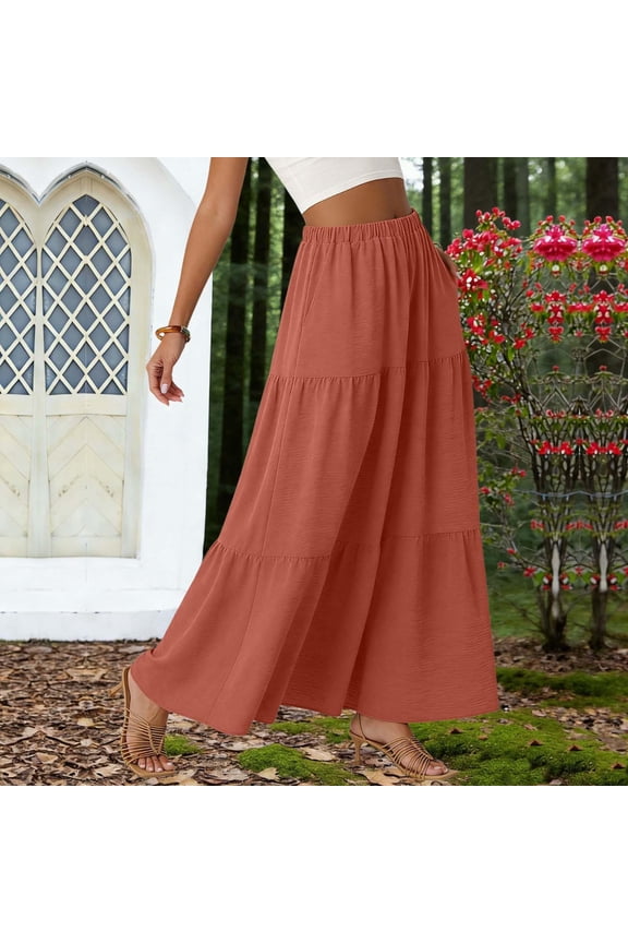 Maxi Skirt for Women- Pleated Vacation High Waist Long Flare A-Line Flowy Skirt with Pockets Watermelon Red Size L