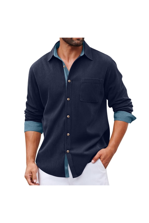 Men's Corduroy Shacket- Button Front Spring Fall Pockets Fashion Lightweight Windproof Overshirt Navy Size 3XL