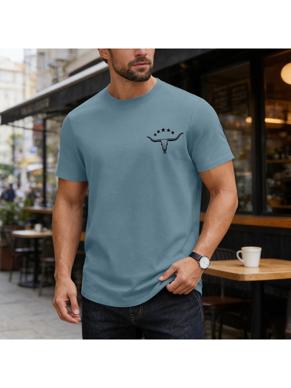 Mens Cotton T-Shirt- Casual Short Sleeve Summer Small Print Crewneck Tees Light Blue Size S