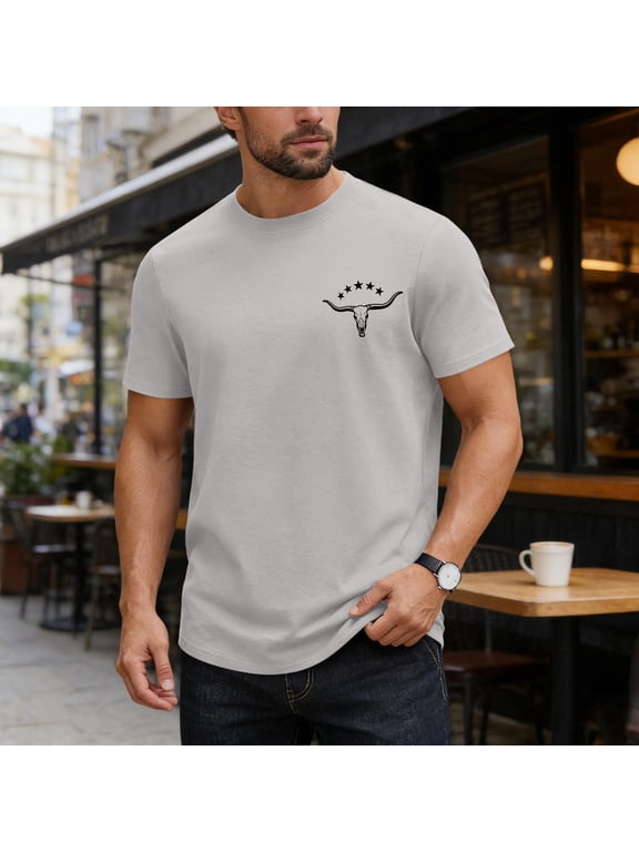 Mens Cotton T-Shirt- Casual Small Print Short Sleeve Summer Crewneck Tees Gray Size S