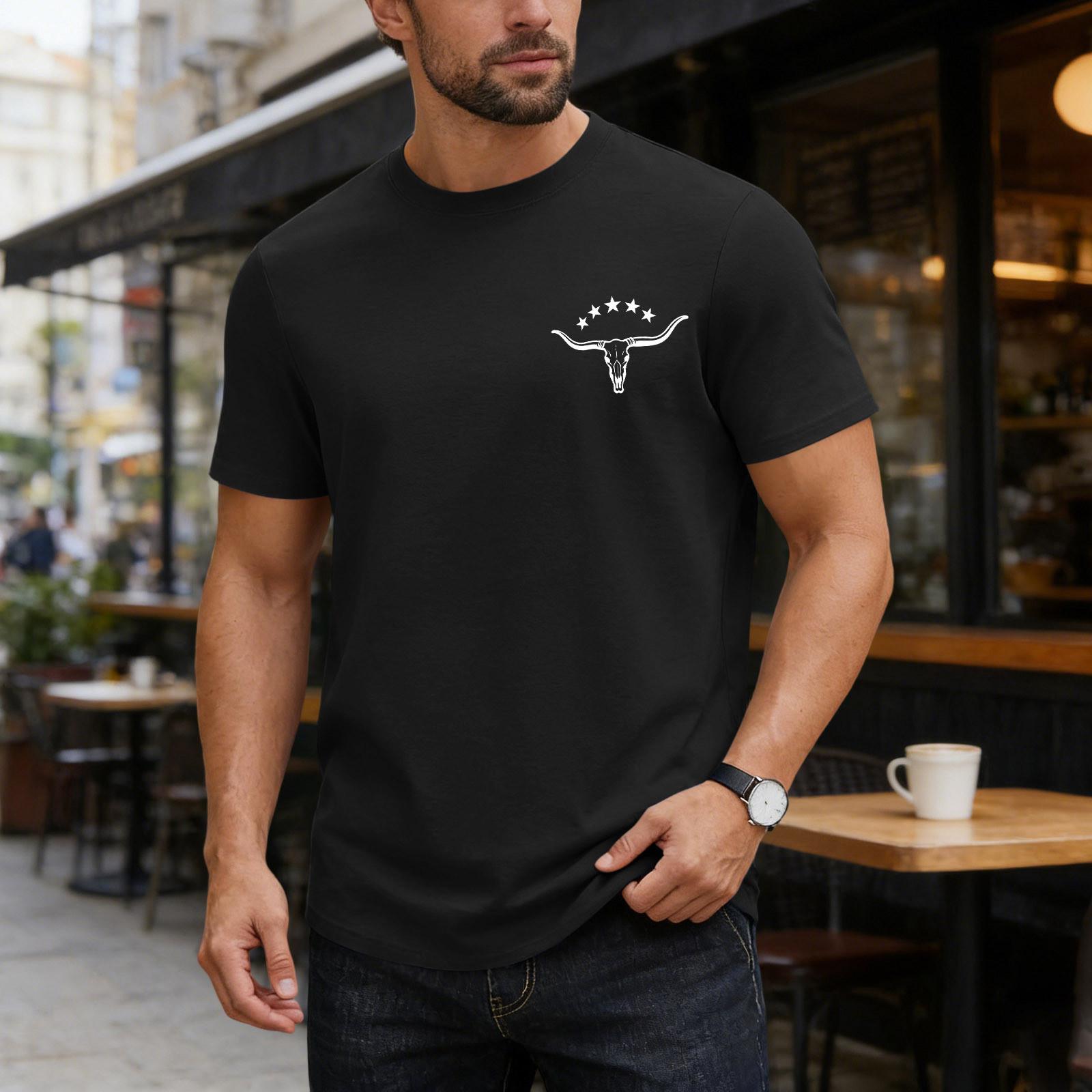 Mens Cotton T-Shirt- Summer Small Print Short Sleeve Casual Crewneck Tees Black Size M