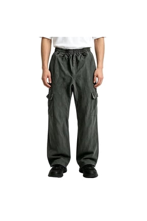 Mens High-Waist Washed Cargo Jeans- Straight Loose Leg Cotton Multi-Pockets Distressed Vintage Cargo Jeans Gray Size L