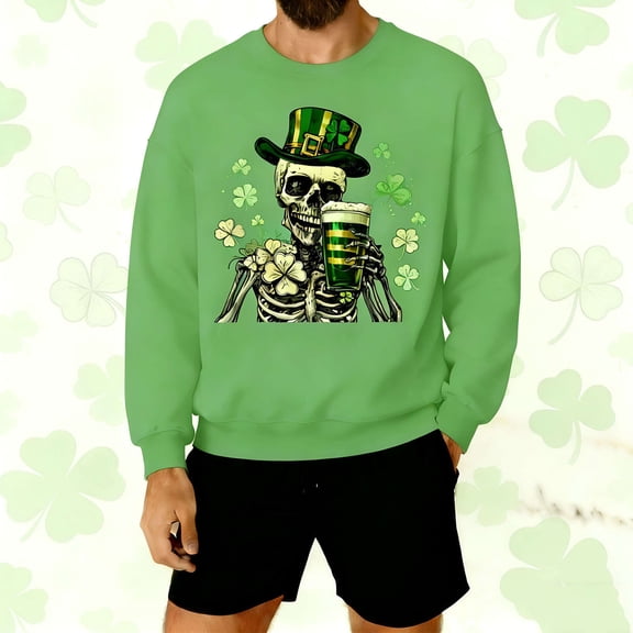 WQNVRNR Mens St Patricks Day Print Sweatshirt- Long Sleeve Crewneck Casual Pullover Holiday Theme Top Green Size 2XL