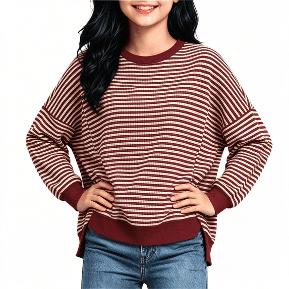 WQNVRNR Pullover Sweaters for Girls Casual Loose Crewneck Long Sleeve Knit Jumper Sweaters Wine 12