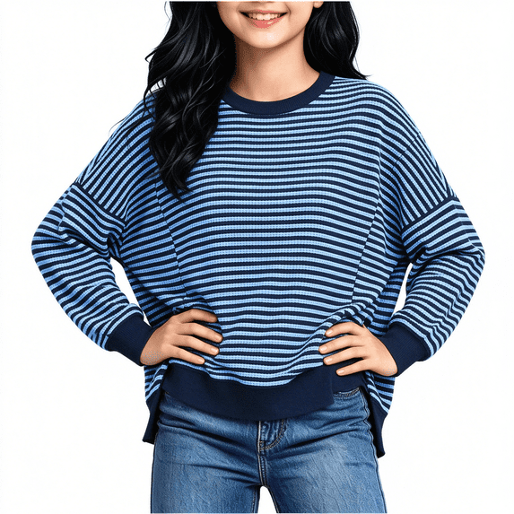 WQNVRNR Pullover Sweaters for Girls Crewneck Knit Long Sleeve Casual Loose Jumper Sweaters Blue 10