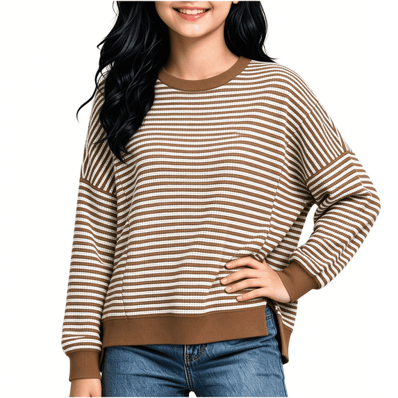 WQNVRNR Pullover Sweaters for Girls Knit Crewneck Casual Loose Long Sleeve Jumper Sweaters Brown 8