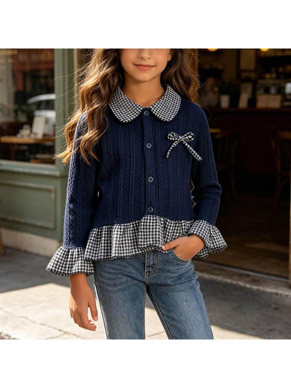 Sweaters Cardigan For Girls- Collar Crew Neck Casual Loose Long Sleeved Button Knitted Cardigan Tops Blue Size 8