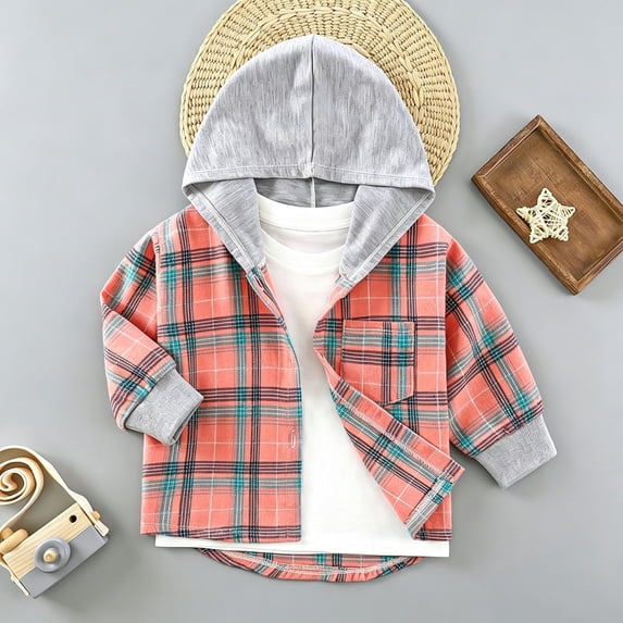 WQNVRNR Toddler Boys Hooded Shirt Jacket Button Down Casual Long Sleeve Plaid Print Lightweight Casual Outerwear Pink 8