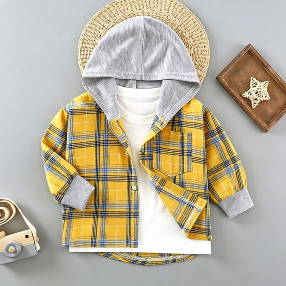 WQNVRNR Toddler Boys Hooded Shirt Jacket Long Sleeve Casual Button Down Plaid Print Lightweight Casual Outerwear Yellow 8