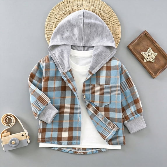 WQNVRNR Toddler Boys Hooded Shirt Jacket Plaid Print Long Sleeve Casual Button Down Lightweight Casual Outerwear Blue 2T