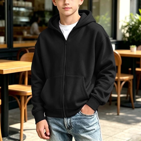 WQNVRNR Unisex Kids Hooded Sweatshirt Long Sleeve Zip Up Lightweight Casual Hoodie Jacket with Front Pockets Black 12